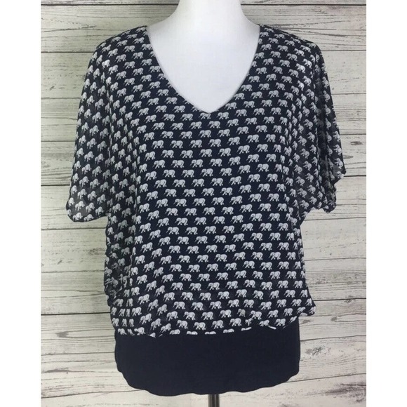 Cabi #5345 Parade Blouse M Elephant Print Blue White Dolman Sleeve V-Neck Zip - Picture 1 of 6